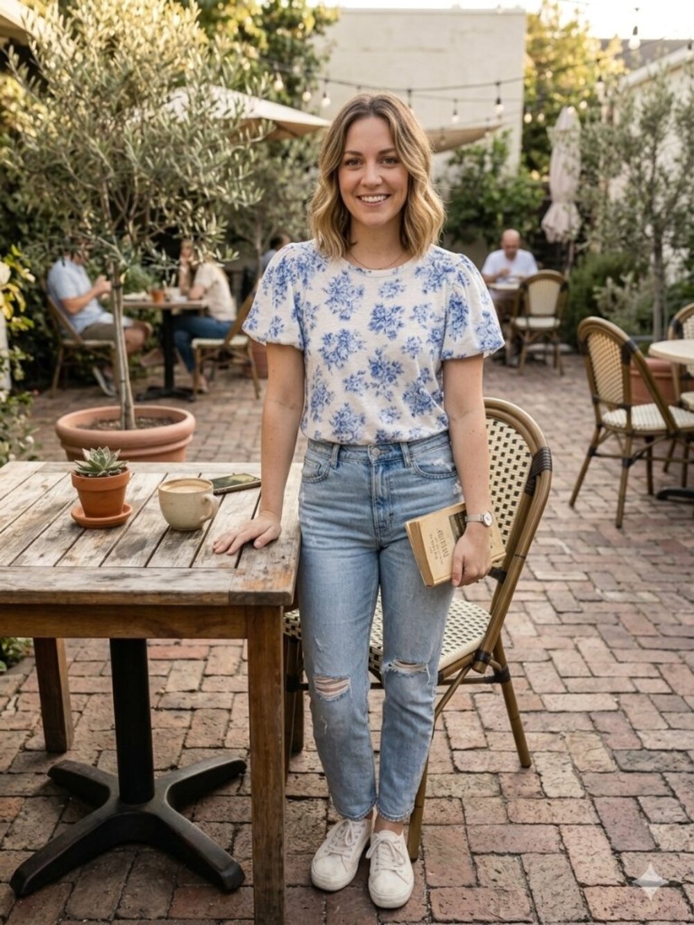 Loft Blue and White Chinoiserie Floral Flounce Sleeve Tee Size XS